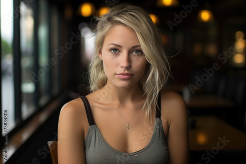 A blonde woman with a necklace and a tank top is sitting at a table. Scene is casual and relaxed