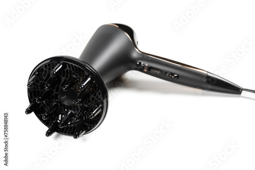Hair dryer with diffuser rotating concentrator nozzle and a deep bowl diffuser isolated on white background.