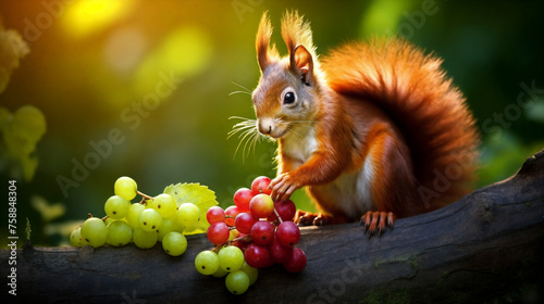 a squirrel is sitting on a branch with grapes and grapes in front of it, and a squirrel is standing on a branch with grapes in front of it