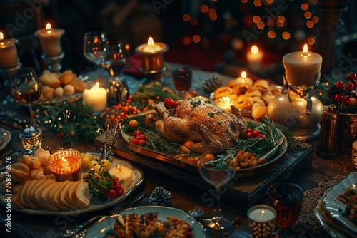 A table is set with a roasted turkey, lit candles, and a spread of holiday delights, invoking a cozy, celebratory ambiance
