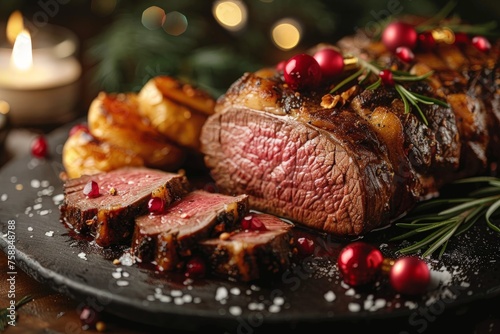 A succulent plate of tender roast beef topped with vibrant cranberries, served alongside fluffy potatoes, creating a harmonious blend of sweet and savory flavors