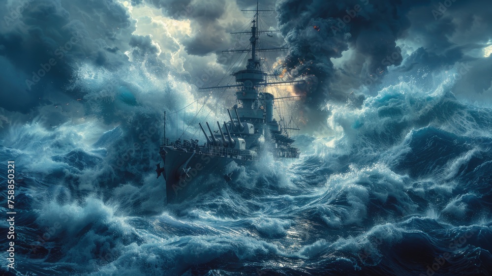 a warship navigating through rough waves and crashing waters, depicted in a wide-screen format with a dominant blue tone. - obrazy, fototapety, plakaty 