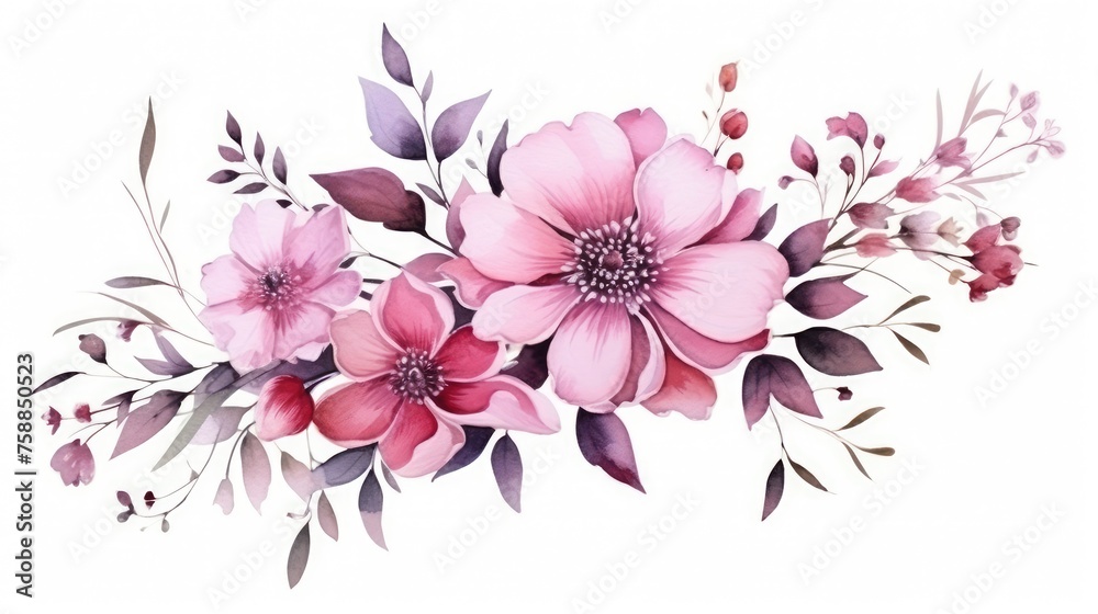 Elegant Pink Magnolia Flowers and Foliage in a Delicate Watercolor Illustration
