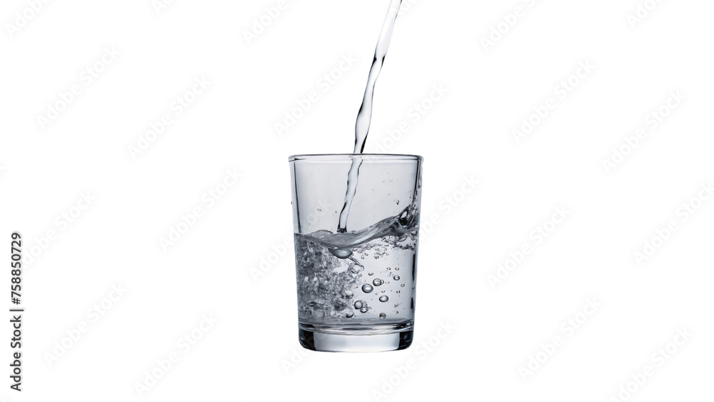 Clear glass filled with cold, fresh water pouring in, creating a splash and bubbles Clear glass filled with cold, fresh water pouring in, creating a splash and bubbles