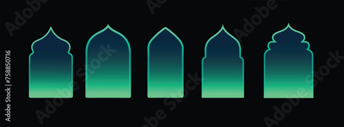 Ramadan kareem Eid shapes of mosque windows and gates vector silhouette.
