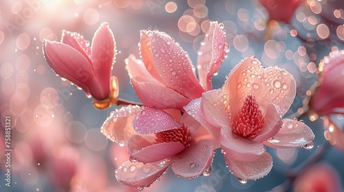 Dew drops cling to the delicate petals of magnolia flowers as dawns light casts a warm glow