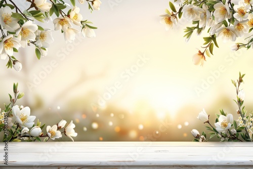Dawns gentle light bathes a rustic wooden table flanked by fresh spring blossoms, signaling a new day, copy space  photo