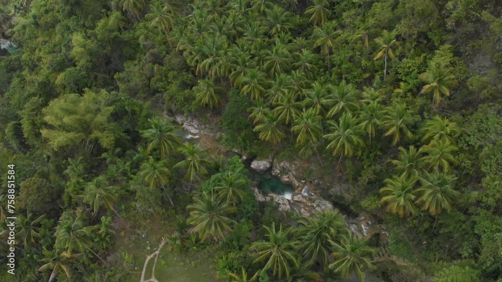 Aerial view of tropical Inambakan falls with people swimming, Cebu, Philippines Aerial view of tropical Inambakan falls with people swimming, Cebu, Philippines