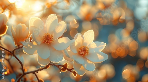 White magnolia flowers bask in the warm  golden glow of a setting sun  emanating a peaceful aura