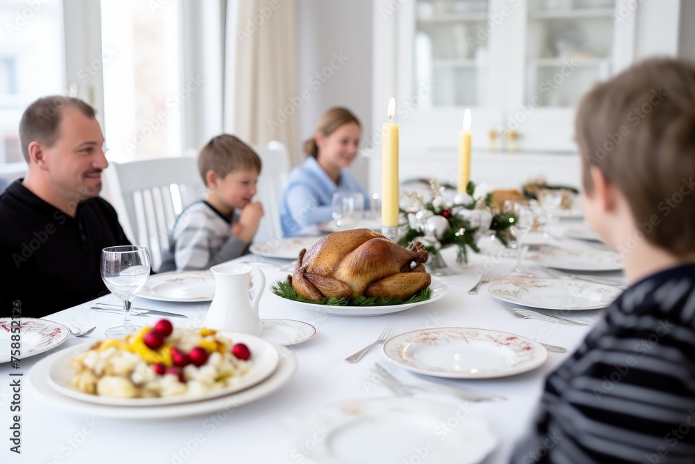 A happy family sits around a table with a delicious turkey in the center, ready to share a special meal together in a warm and loving atmosphere A happy family sits around a table with a delicious turkey in the center, ready to share a special meal together in a warm and loving atmosphere