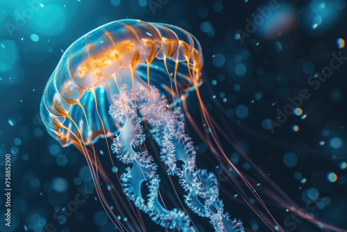 jellyfish swims, Scyphoid jellyfish, water with bokeh, animal with tentacles swims photo