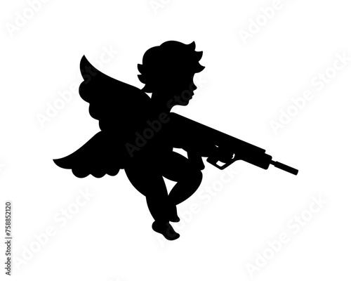 Cupid with machine gun. Cherub silhouette. Valentine's day. Love symbol. Vector illustration.
