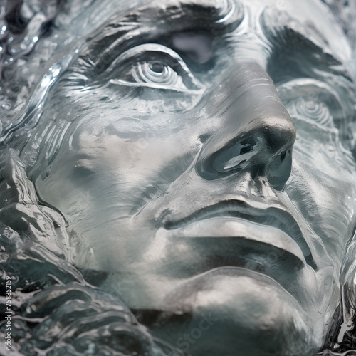 A close-up of Alexander Hamilton's face, a historical figure and founding father of the United States, depicted in a detailed metal sculpture. The face of the 10-dollar bill photo