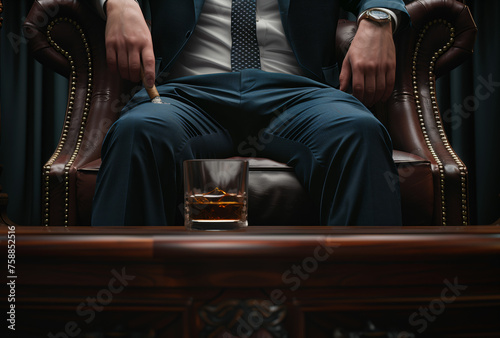 A man in a suit is sitting in a chair with a glass of whiskey in front of him stubs out his cigar on his pants. photo