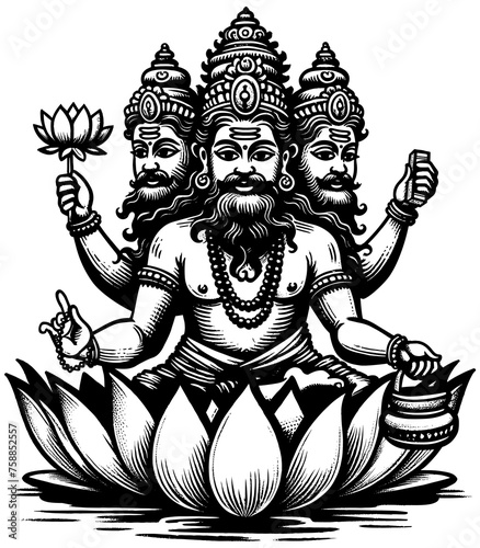 Hindu God Brahma Linocut