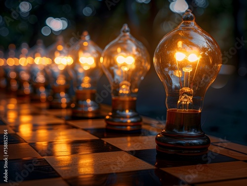 A row of light bulbs are lit up on a wooden chess board. The light bulbs are arranged in a straight line, with some bulbs closer to the edge of the board and others closer to the center