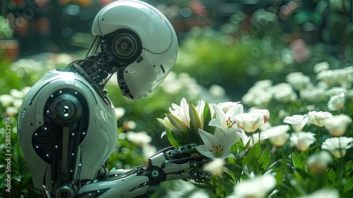 a white humanoid robot in a flower shop, elegantly holding a bouquet of royal lilies amidst a background filled with green plants and vases adorned with white roses.