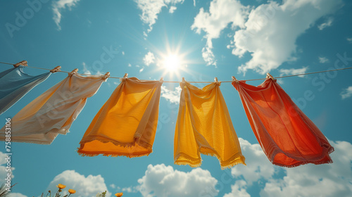 colorful clothes Dry on the clothesline A bright blue sky day © BB_Stock