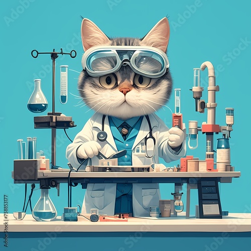 The Ultimate Furry Researcher: A Cat Wearing a Crisp Lab Coat and Safety Goggles photo