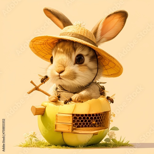 Delightful Image of a Playful Rabbit Dressed as a Tiny Beekeeper Tending to Its Hive photo