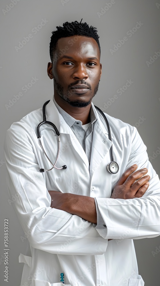 A man in a white lab coat is standing with his arms crossed A man in a white lab coat is standing with his arms crossed