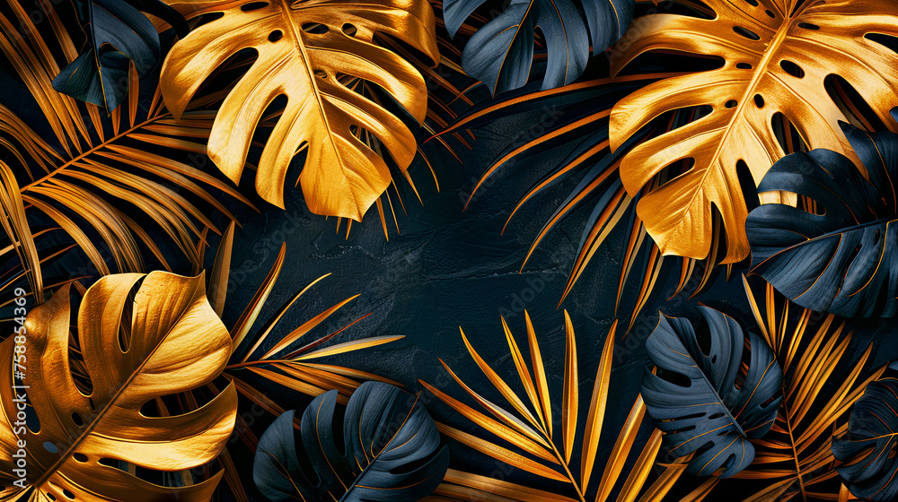 Background illustration of tropical leaves, black and gold. Background wallpaper. Generative AI