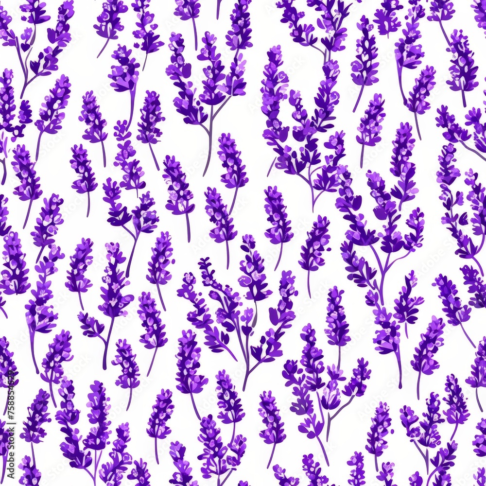 A cluster of vibrant purple flowers gracefully floating on a pristine white background, exuding beauty and elegance, seamless