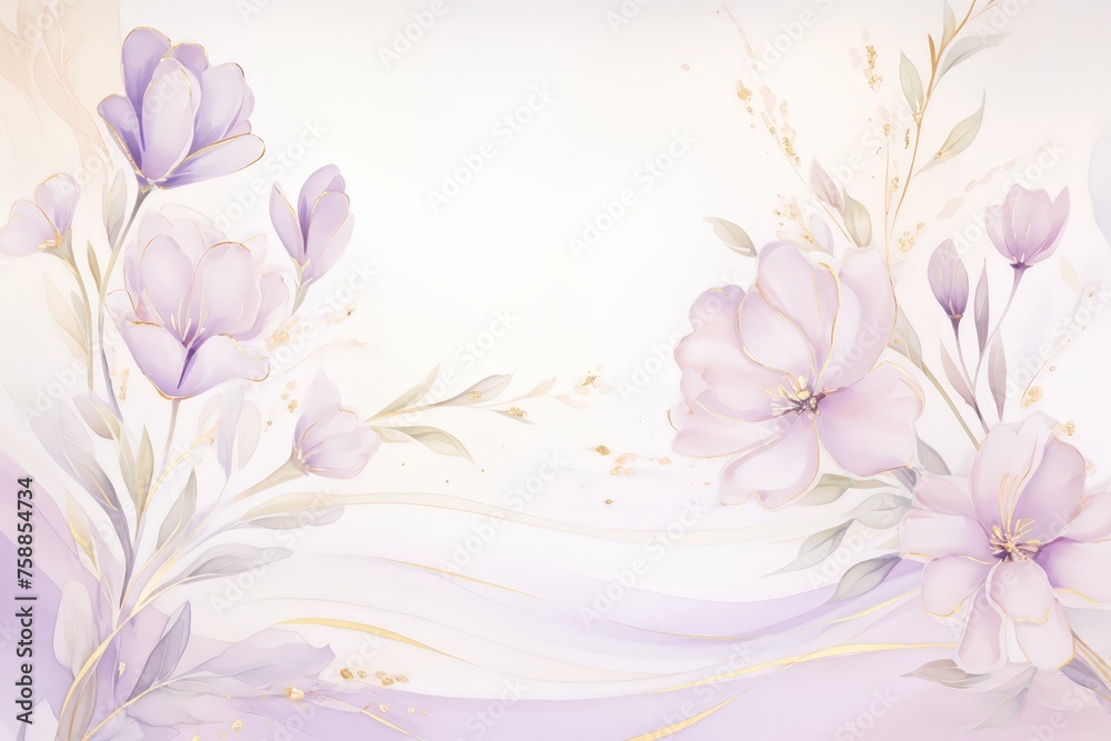 A vibrant painting featuring delicate purple flowers set against a pristine white background, creating a serene and enchanting atmosphere