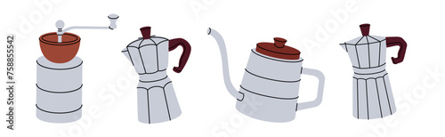 Coffee grinder, metallic coffee maker, goose neck coffee kettle. Hand drawn elements for cafe menu, coffee shop. Vector illustration.
