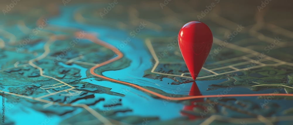 A map with a red pin placed on it. Glossy red location pin on a detailed map with radiant blue background A map with a red pin placed on it. Glossy red location pin on a detailed map with radiant blue background