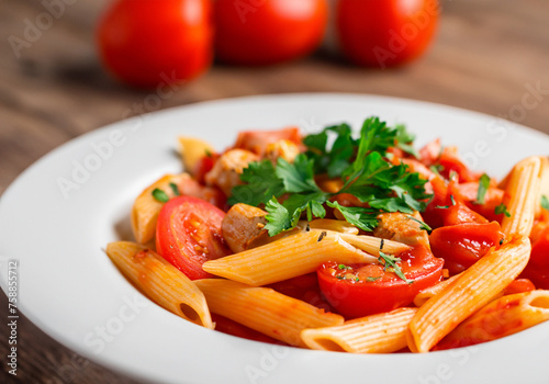 Penne pasta in tomato sauce with chicken