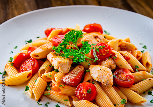 Penne pasta in tomato sauce with chicken
