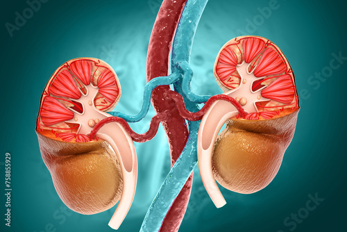 Human kidneys anatomy, structure, physiology, cross-section, Medical Profession, Morphology. 3d illustration