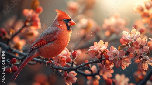 red cardinal bird sits on a blossoming branch of an apple tree © ND STOCK