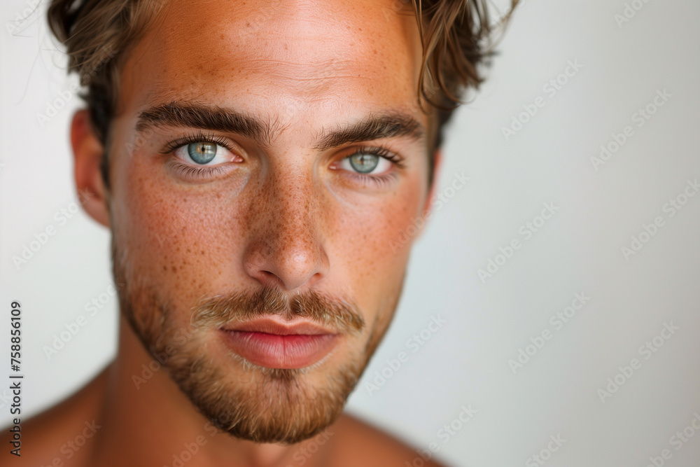 closeup of handome man's face brunette with freckles and hazel eyes isolated on plain light white studio background with copy space closeup of handome man's face brunette with freckles and hazel eyes isolated on plain light white studio background with copy space