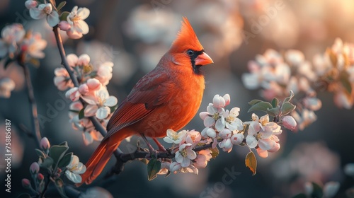 red cardinal bird sits on a blossoming branch of an apple tree photo