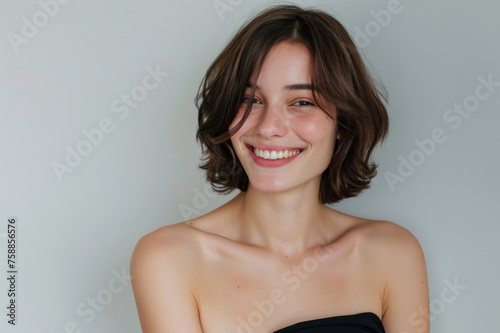 A cheerful young woman with a short bob haircut is smiling gently towards the camera. She has a subtle  joyful expression and is wearing an off-shoulder top