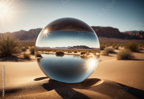 A water-filled orb in a desert with intricate lighting and texture highlighting the contrast between life and desolation - Concept for desertification and water value