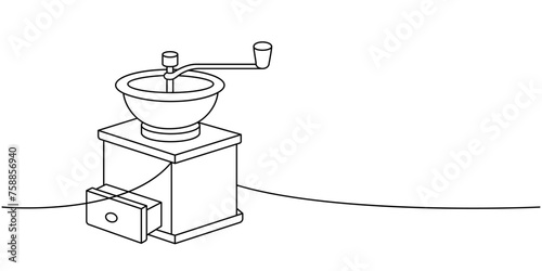 Coffee grinder one line continuous drawing. Hand drawn elements for cafe menu, coffee shop. Vector linear illustration.