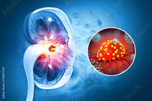 Medically accurate illustration of kidney cancer. showing presence of cancerous tumor inside the kidney. 3d illustration photo