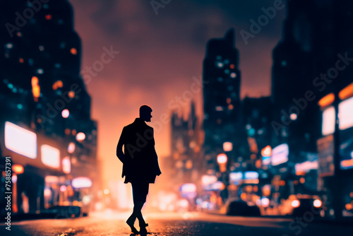 Silhouette of a man walking in the center of the city at night © Tatiana Kolosovskaya