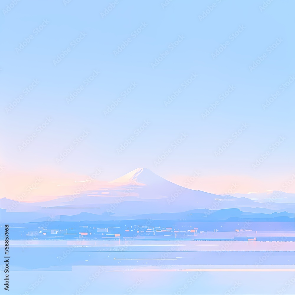 Experience the tranquility of Japan's iconic peak with this serene illustration of Mount Fuji at dawn. Ideal for travel, nature, and Japanese-themed content.