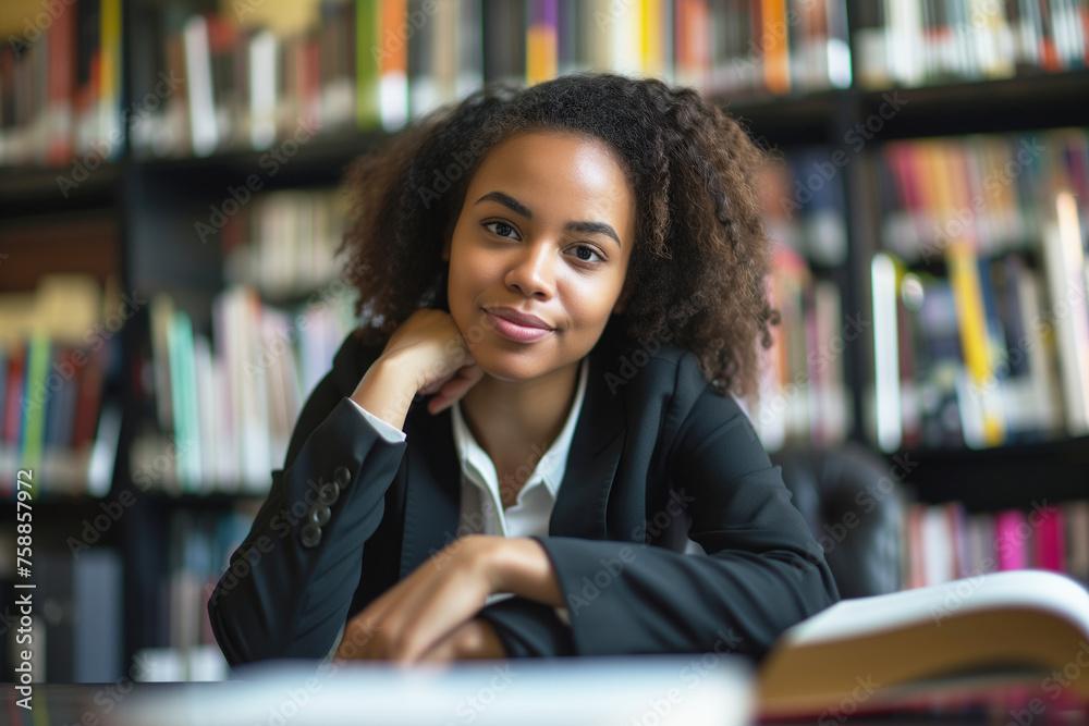 Portrait of a young businesswoman sitting at her desk in a library