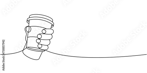 Hand holding coffee cup one line continuous drawing. Hand drawn elements for cafe menu, coffee shop. Vector linear illustration.