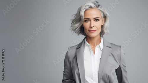 sophisticated grey hair woman standing over isolated background. photo