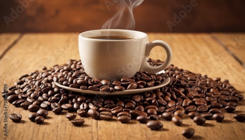 Cup coffee beans wooden