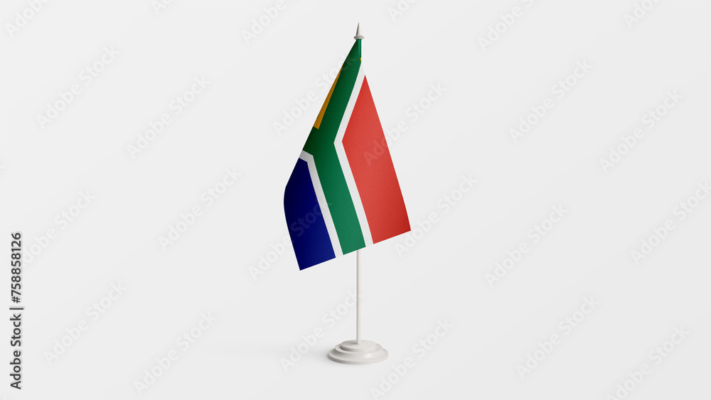 South Africa national flag on stick isolated on white background. Realistic flag illustration