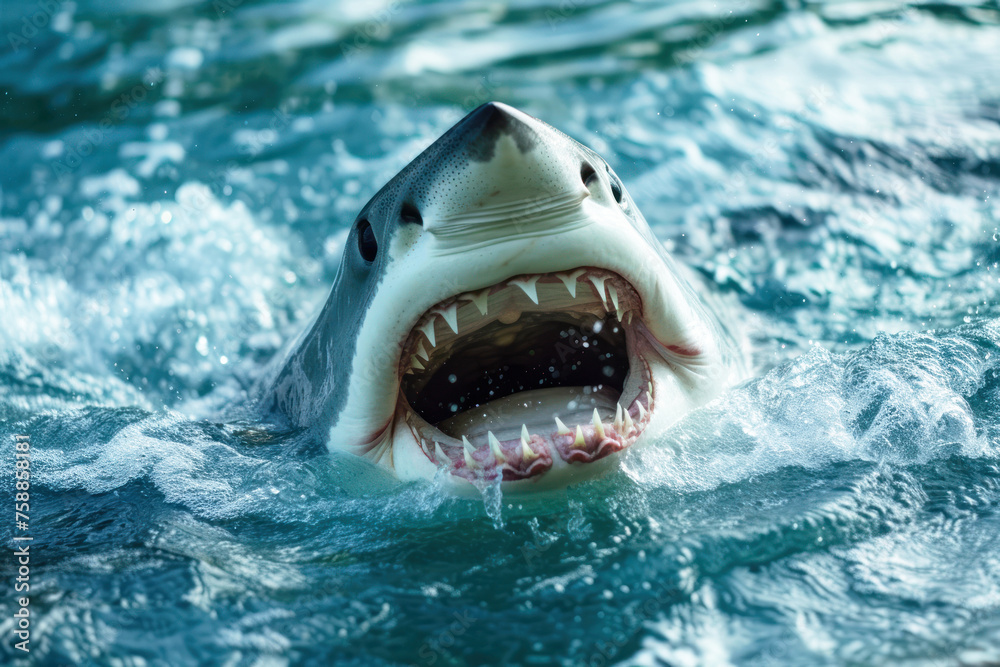 Fototapeta premium Shark with jaw open under water, shark with teeth
