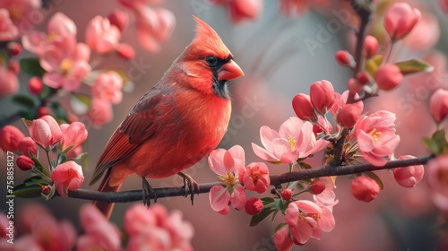 red cardinal bird sits on a blossoming branch of an apple tree photo