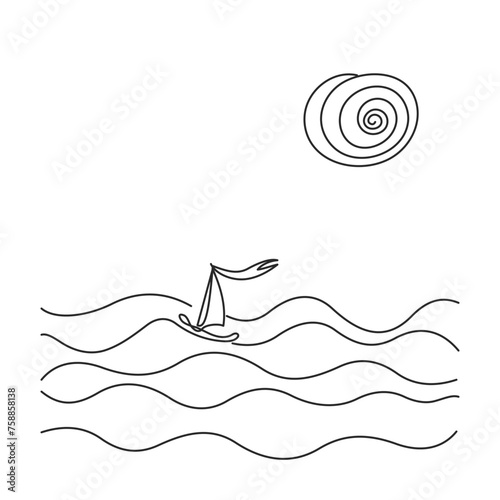 Continuous one line hand drawing. Sea landscape art. Boat in wave. Sun in the clouds sky. Adjustable black stroke Transparent background. Single outline doodle minimalistic design Vector illustration.